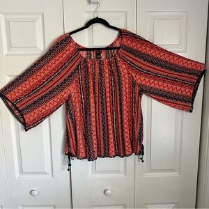 New Directions Womens Orange Stripe Aztec Pompom Fringe Top Sz L Boho Flowy